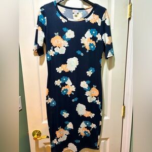NWOT Floral LuLaRoe Fitted Calf-Length Lightweight Dress in Navy Blue Size Large